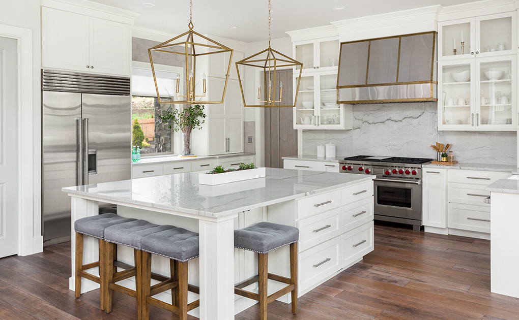 Modern Kitchen with white and Gold accents